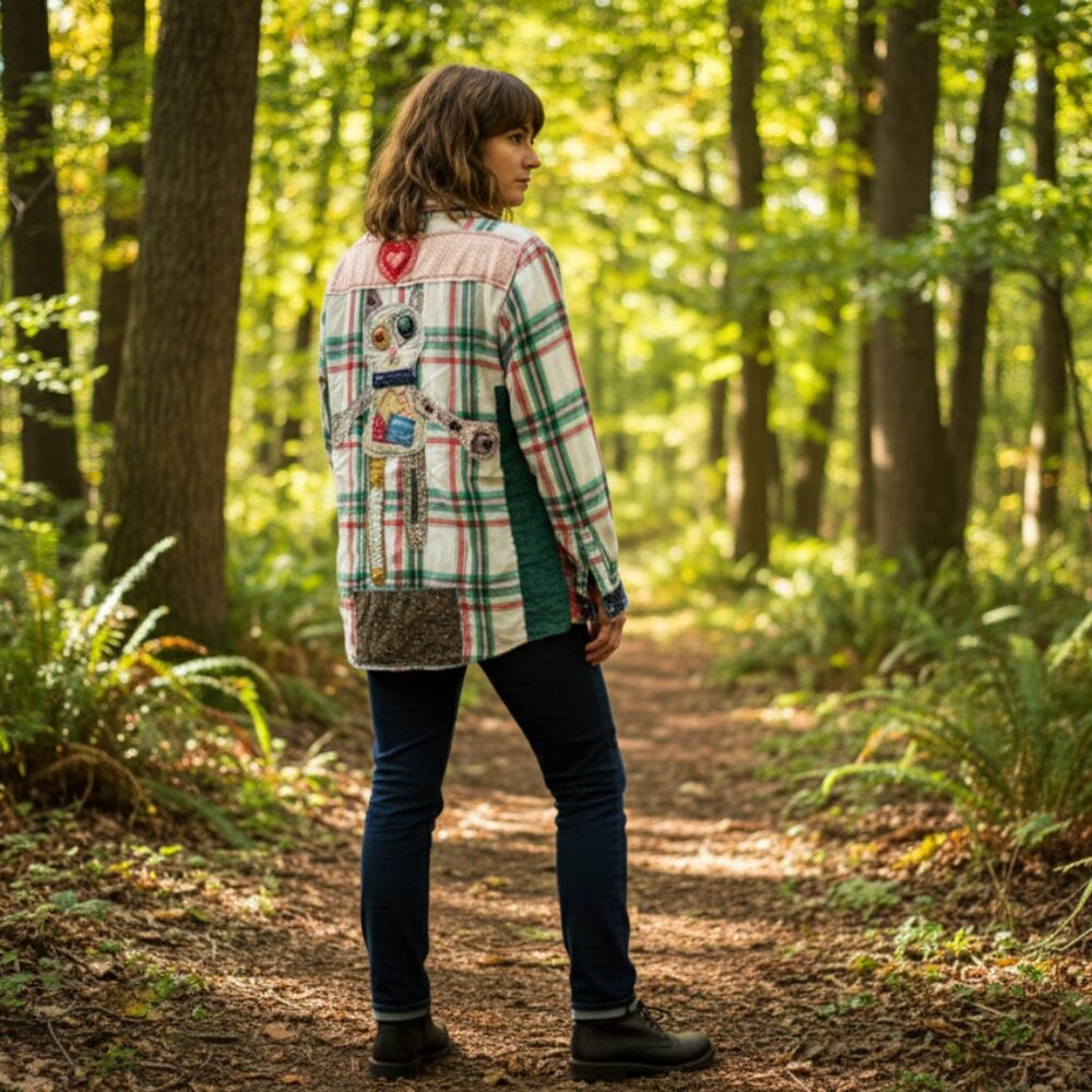 Upcycled Flannel Shirt with Patchwork Cat Design Handmade Boho Grunge Plaid